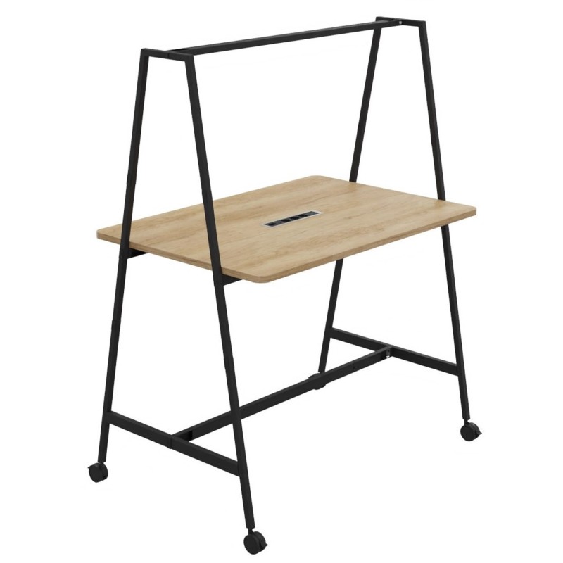 Table de coworking mobile rectangle Alto avec électrification - H. 105 x L. 140 x P. 90 cm - Plateau Chêne Nebraska - Pieds Noir