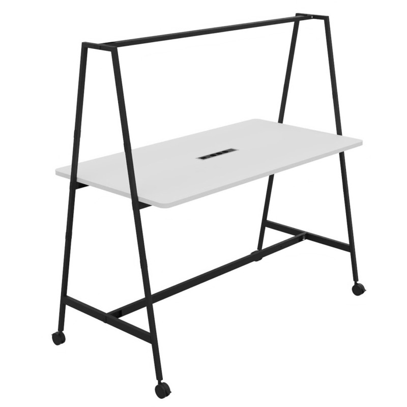 Table de coworking mobile rectangle Alto avec électrification - H. 105 x L. 180 x P. 90 cm - Plateau Blanc - Pieds Noir
