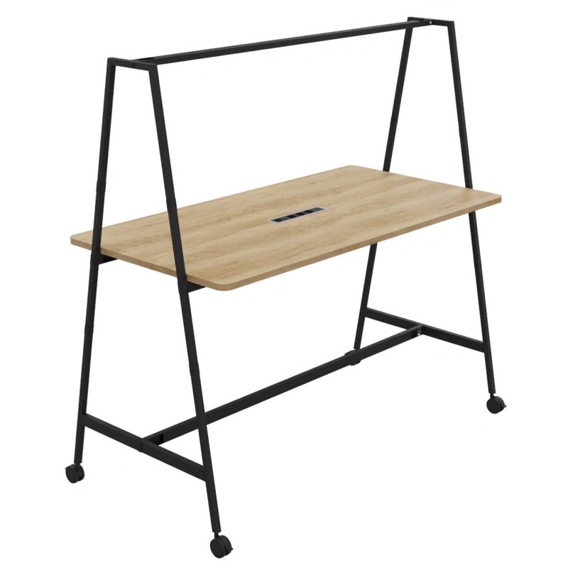 Table de coworking mobile rectangle Alto avec électrification - H. 105 x L. 180 x P. 90 cm - Plateau Chêne Nebraska - Pieds Noir