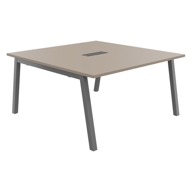 Table de réunion Burocolor A avec trappe d'accès - L.140 x P.143 cm - Plateau Argile - Pieds Aluminium