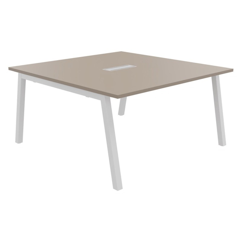 Table de réunion Burocolor A avec trappe d'accès - L.140 x P.143 cm - Plateau Argile - Pieds Blanc