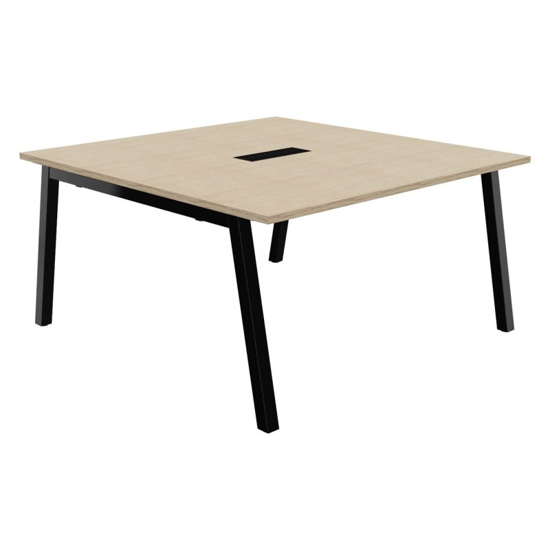 Table de réunion Burocolor A avec trappe d'accès - L.140 x P.143 cm - Plateau Chêne - Pieds Noir