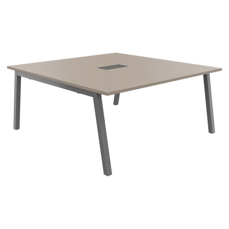 Table de réunion Burocolor A avec trappe d'accès - L.160 x P.163 cm - Plateau Argile - Pieds Aluminium