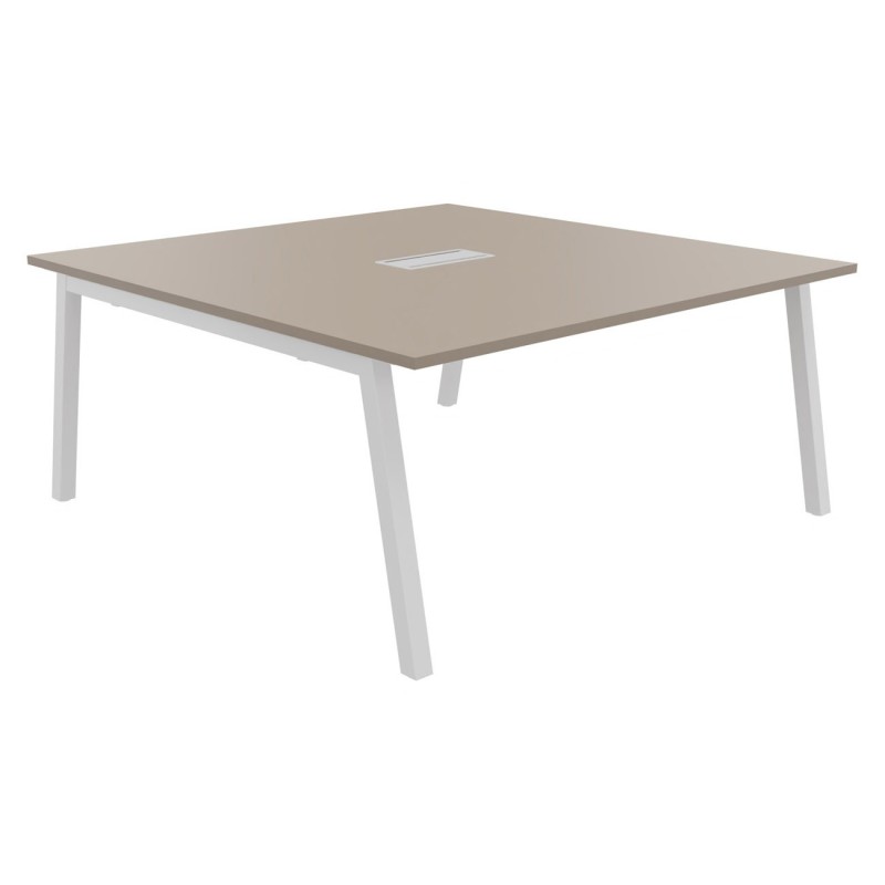 Table de réunion Burocolor A avec trappe d'accès - L.160 x P.163 cm - Plateau Argile - Pieds Blanc