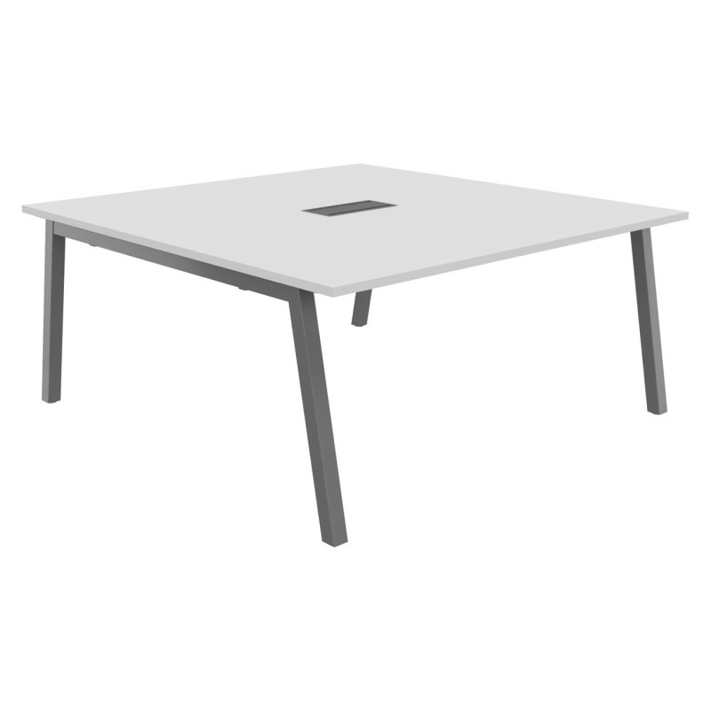 Table de réunion Burocolor A avec trappe d'accès - L.160 x P.163 cm - Plateau Blanc - Pieds Aluminium