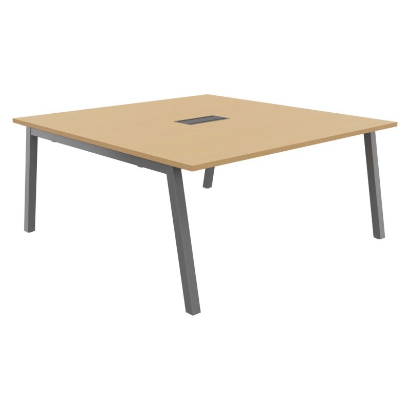 Table de réunion Burocolor A avec trappe d'accès - L.160 x P.163 cm - Plateau Hêtre - Pieds Aluminium