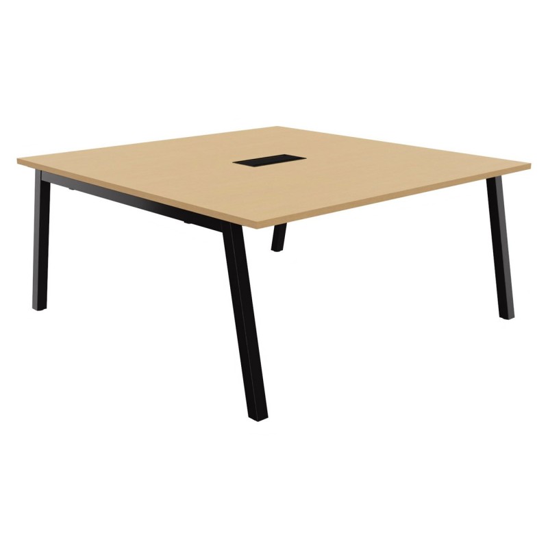 Table de réunion Burocolor A avec trappe d'accès - L.160 x P.163 cm - Plateau Hêtre - Pieds Noir