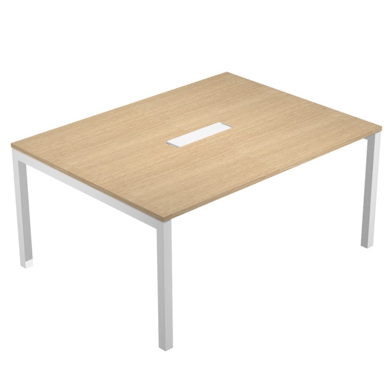 Table de réunion Eminence - L.160 x P.120 cm - Trappe d’accès centrale - Plateau Chêne - Pieds Blanc