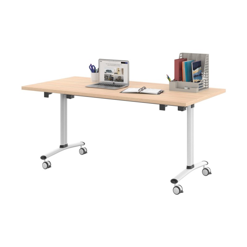 Table mobile rabattable - L.160 x P.80 cm - Plateau Chêne - Pieds Blanc