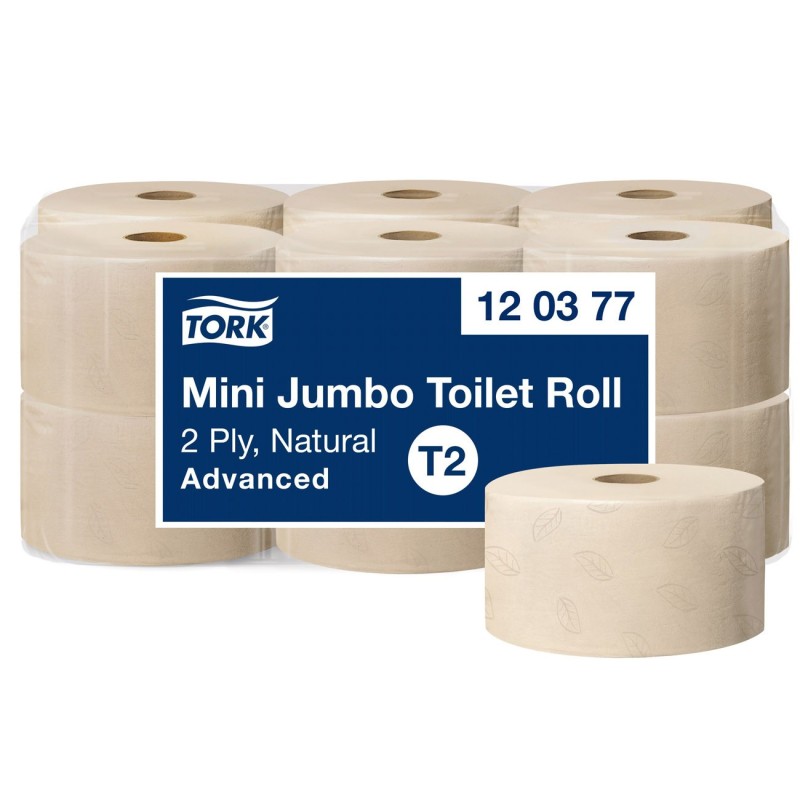 Tork Papier toilette recyclé Mini Jumbo T2 double épaisseur 170 m - 850 feuilles gaufrées Naturel - Lot de 12 rouleaux