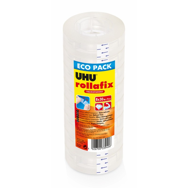 UHU Rollafix Ruban adhésif transparent l.19mm x L30m - Tour de 8 rouleaux