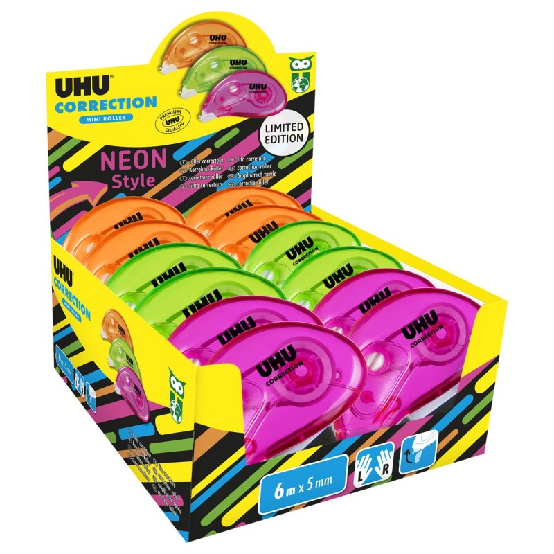 UHU Roller de correction Mini 5mm x 6m Neon translucide - Pack 10 + 2 OFFERTS