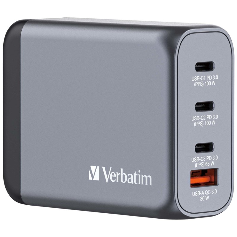 Verbatim Chargeur secteur 4 ports - 1x USB-A et 3x USB-C Quick Charge Power Delivery 100W - Noir
