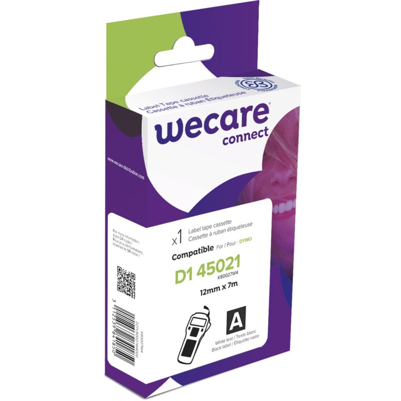 Wecare Ruban D1 12 mm compatible Dymo 45021 écriture blanche sur fond noir - 45021