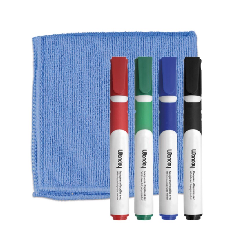 Wonday Kit tableau blanc chiffonnette microfibres + 4 marqueurs coloris assortis