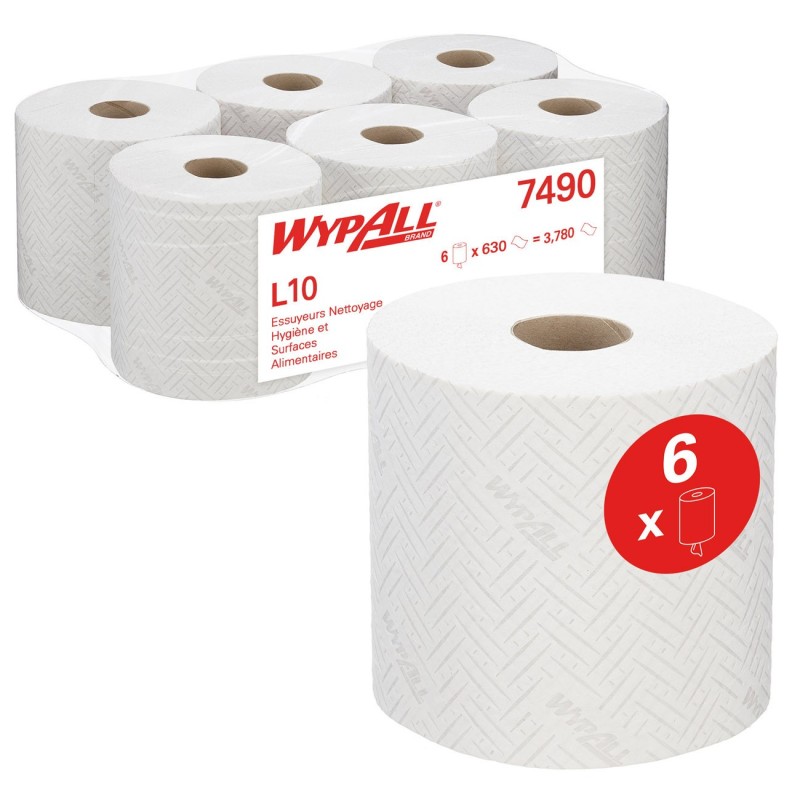 Wypall L10 Papier d'essuyage simple épaisseur 630 feuilles 185 mm - Blanc - lot de 6 bobines - 7490