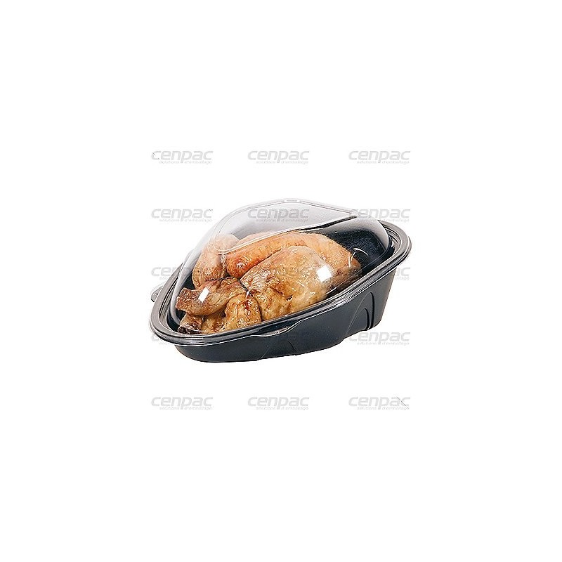 Boite poulet pp + couvercle pp fond noir 26,5x20,1x9,8 cm - couvercle transparent 26,4x20x5,8cm - colis de 150 boites + couvercle