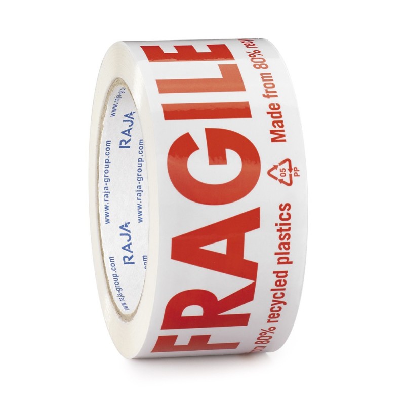 Ruban adhésif polypropylène silencieux 80% recyclé imprimé FRAGILE RAJA - Paquet de 6