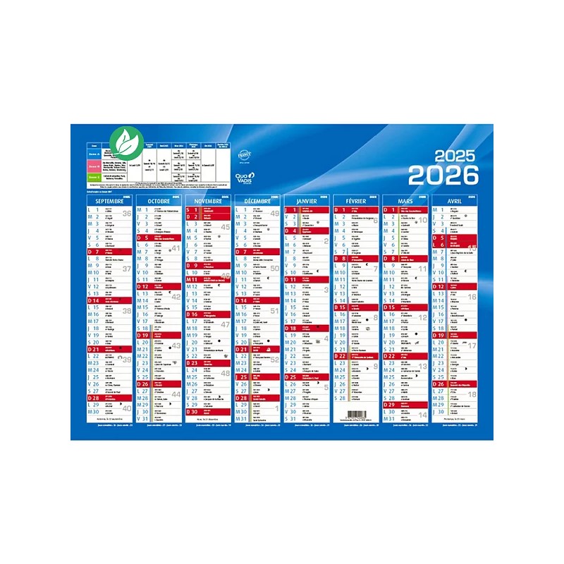 Quo Vadis Calendrier mural annuel Rentrée des classes 8 mois par face - 55 x 40,5 cm - 2025/2026
